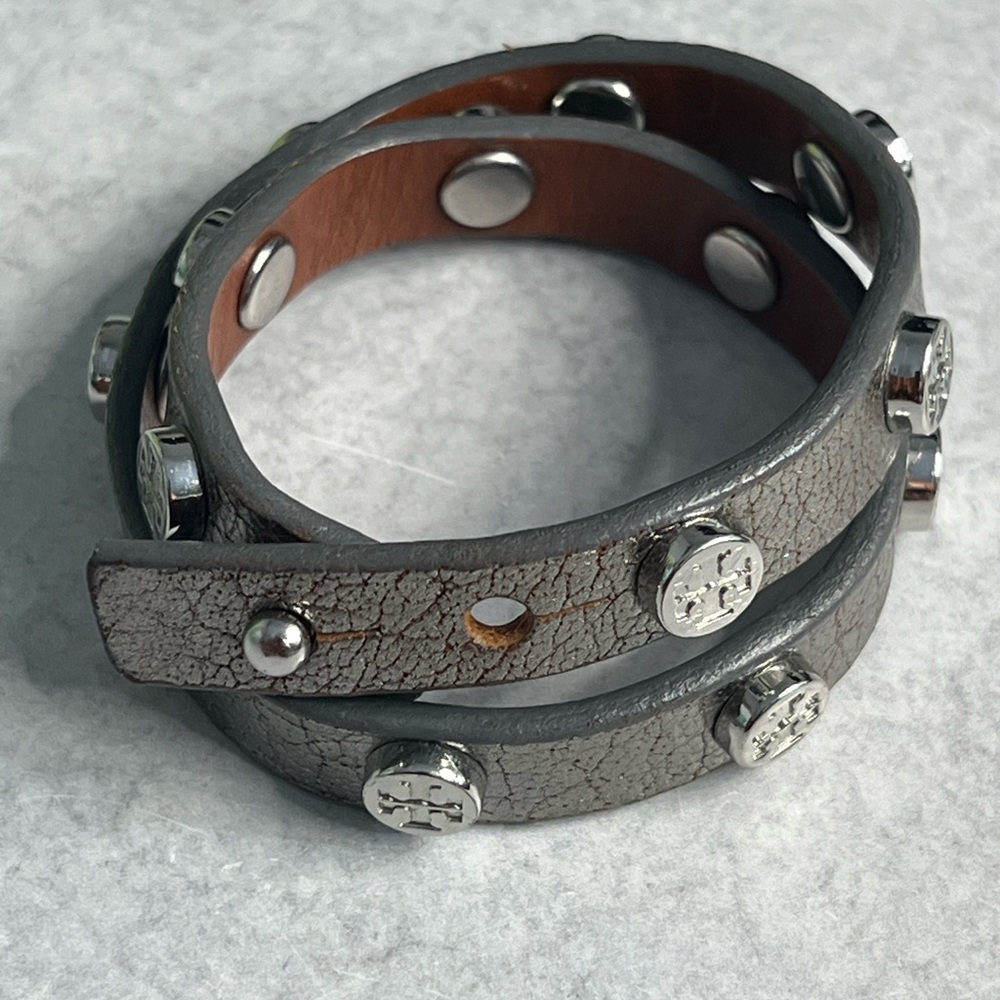 Tory Burch Leather Double Wrap Bracelet Silver Tone Logo Studs
